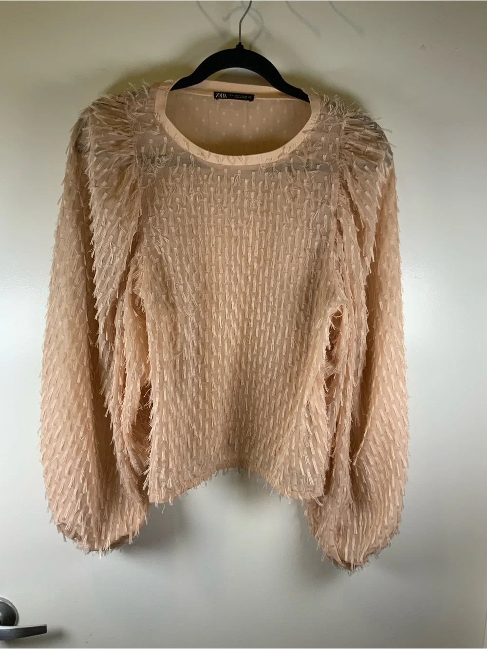 Zara Peach Textured Fringe Puff-Sleeve Top